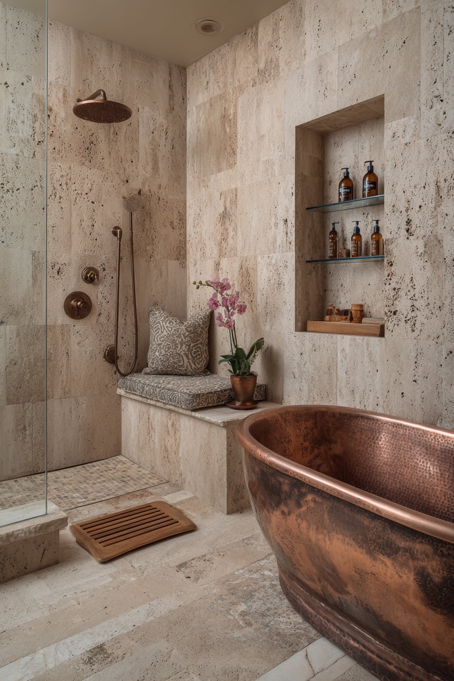 Resort-Style Travertine Shower Sanctuary