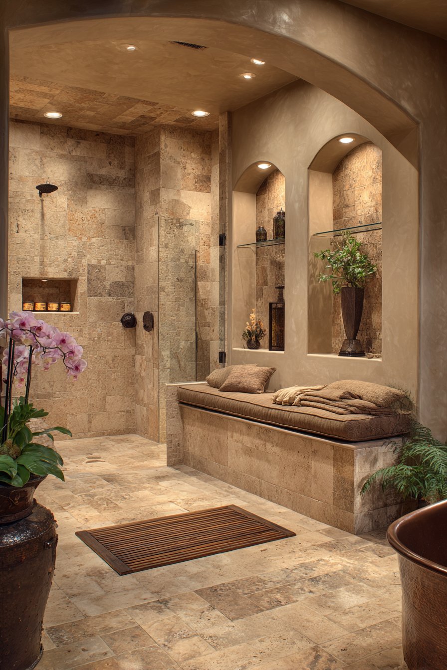 Resort-Style Travertine Shower Sanctuary