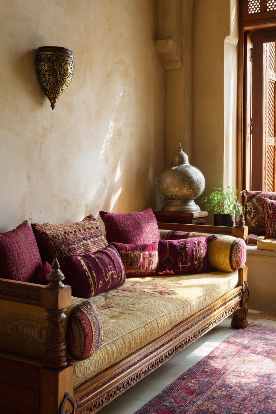Carved Daybed with Luxurious Textile Layering