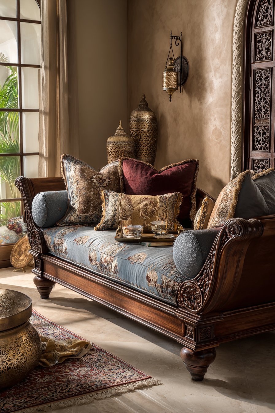 Carved Daybed with Luxurious Textile Layering