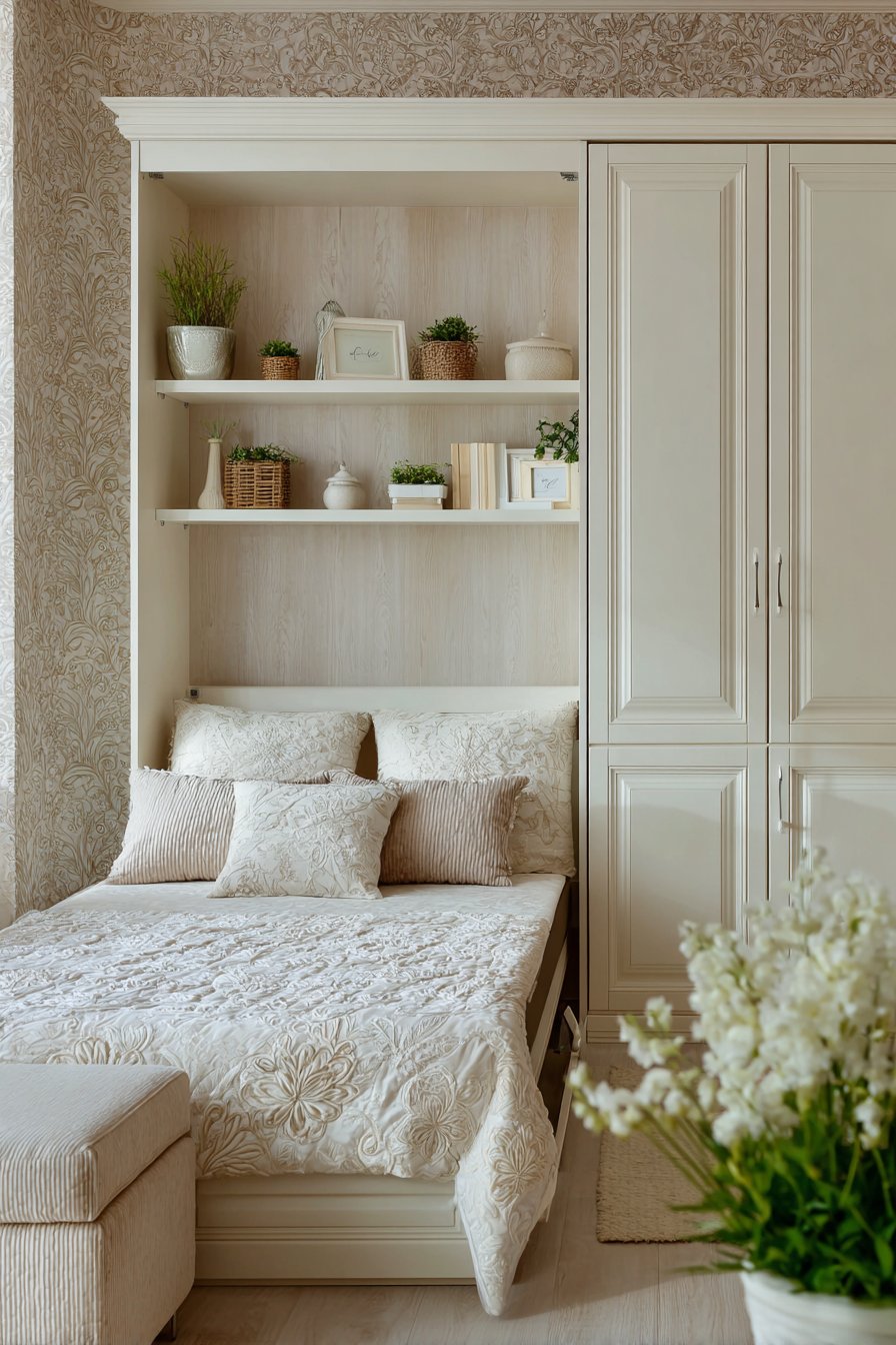 Space-Saving Cream Murphy Bed Design