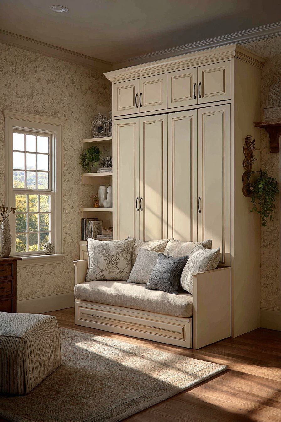 Space-Saving Cream Murphy Bed Design
