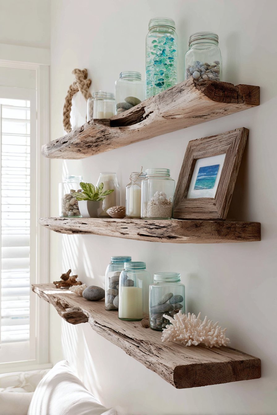 Coastal Serenity with Driftwood-Style Floating Shelves