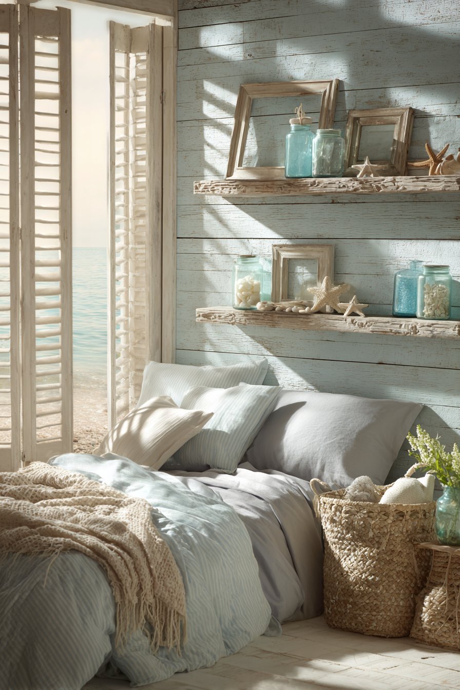 Coastal Serenity with Driftwood-Style Floating Shelves