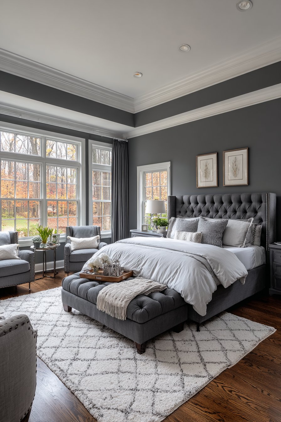 Expansive Master Grey Bedroom with Sitting Area