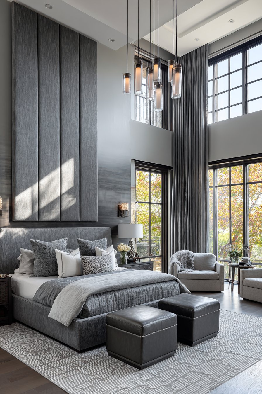 Expansive Master Grey Bedroom with Sitting Area