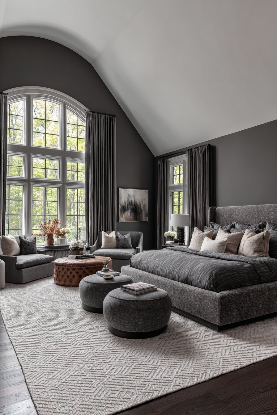 Expansive Master Grey Bedroom with Sitting Area