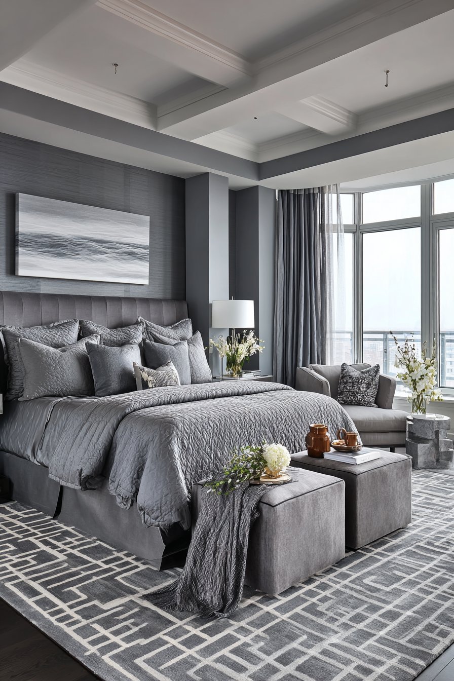 Expansive Master Grey Bedroom with Sitting Area