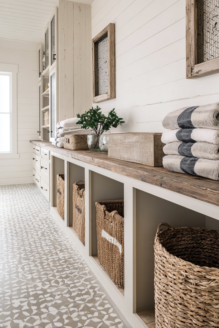 Custom Built-In Storage with Chicken Wire Charm