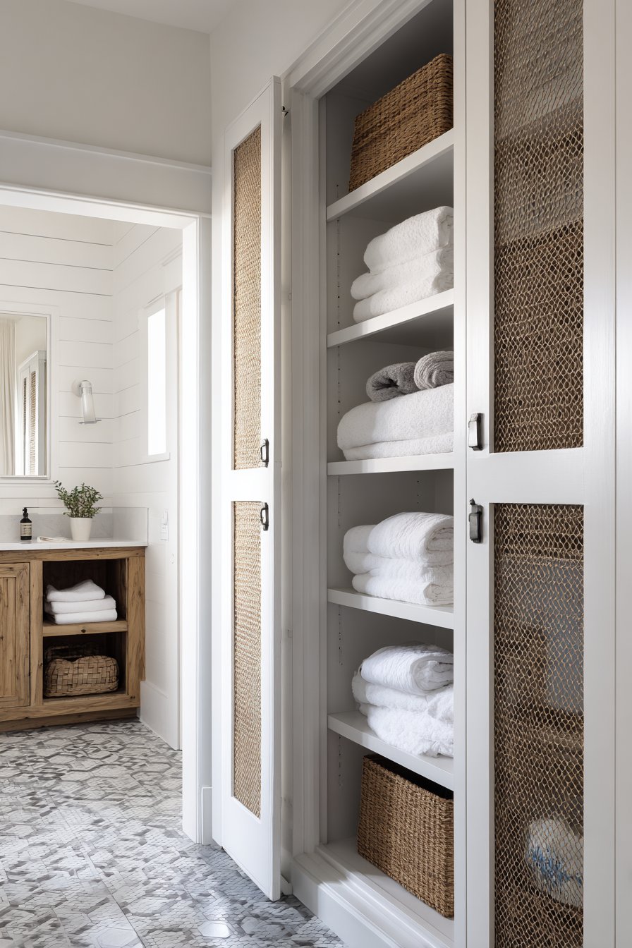 Custom Built-In Storage with Chicken Wire Charm