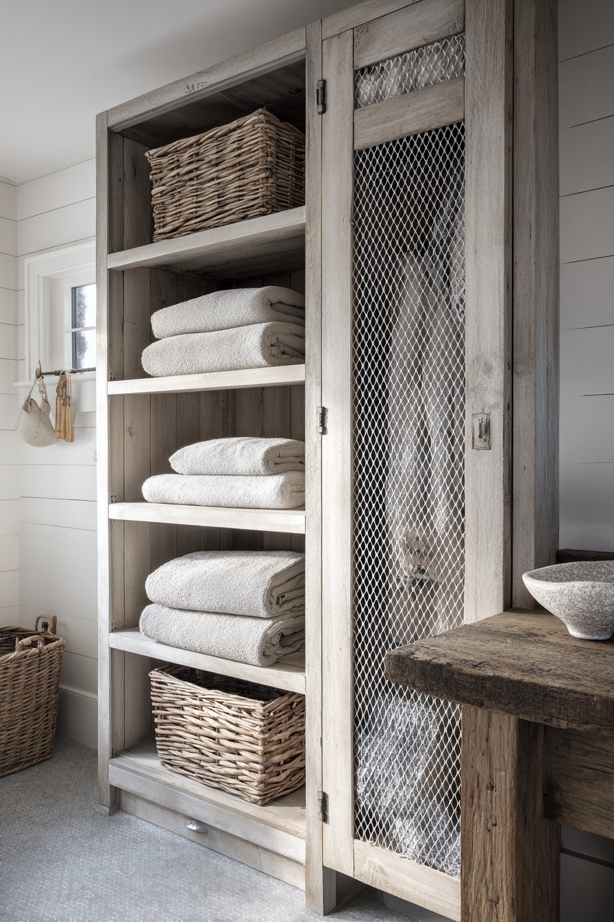 Custom Built-In Storage with Chicken Wire Charm