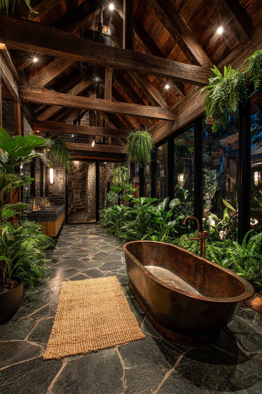 Exposed Beam Bathroom with Living Wall and Copper Tub