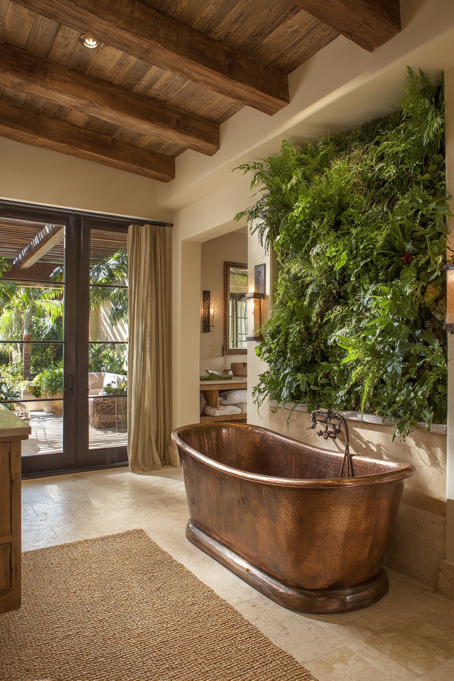 Exposed Beam Bathroom with Living Wall and Copper Tub
