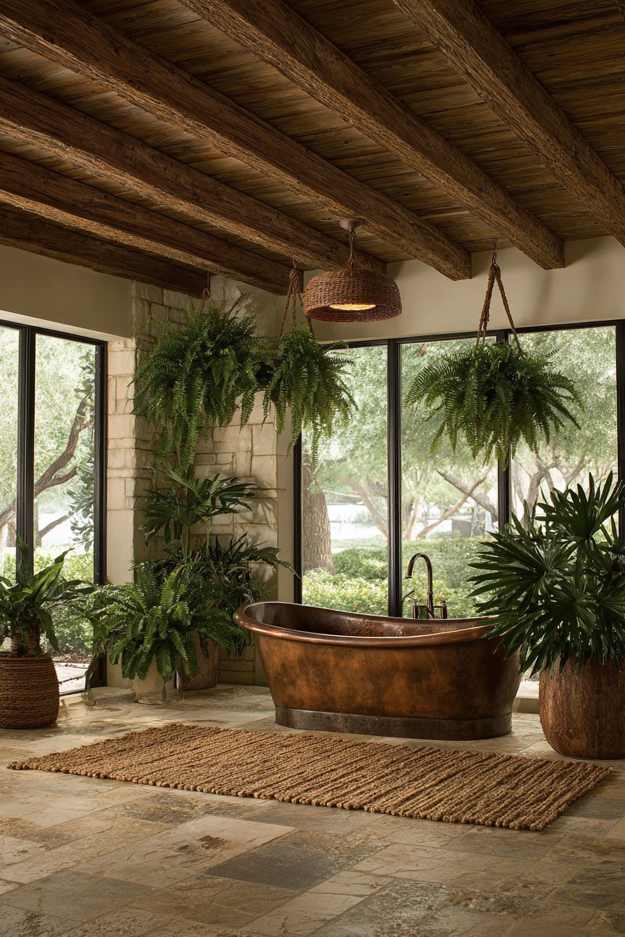 Exposed Beam Bathroom with Living Wall and Copper Tub
