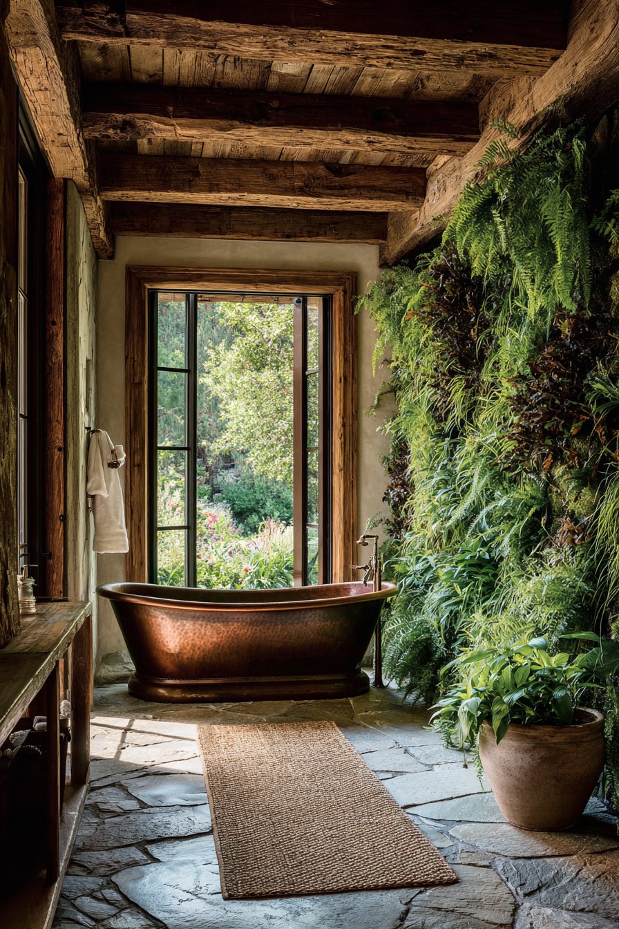 Exposed Beam Bathroom with Living Wall and Copper Tub