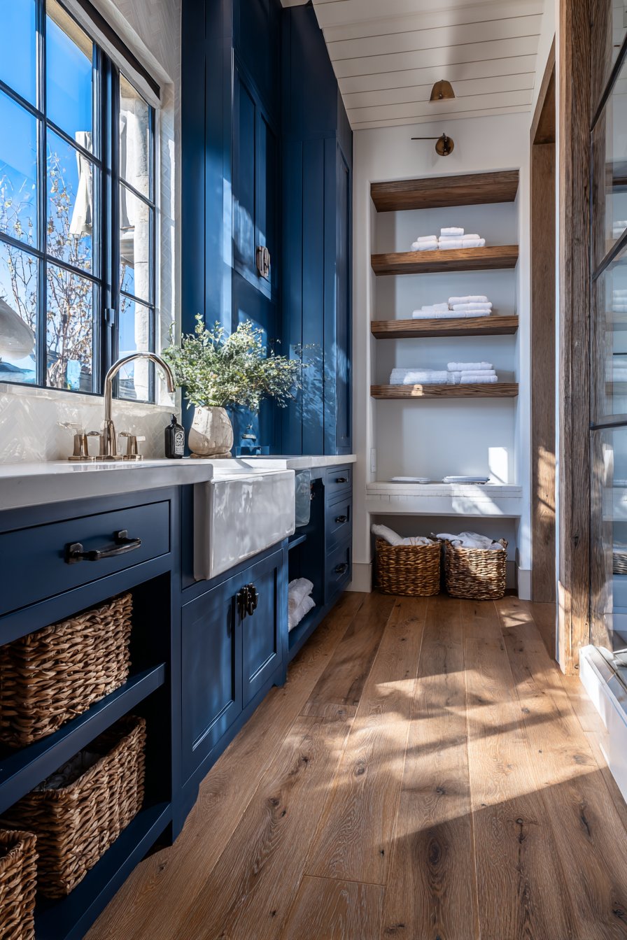 Modern Farmhouse Warmth with Navy Paneling