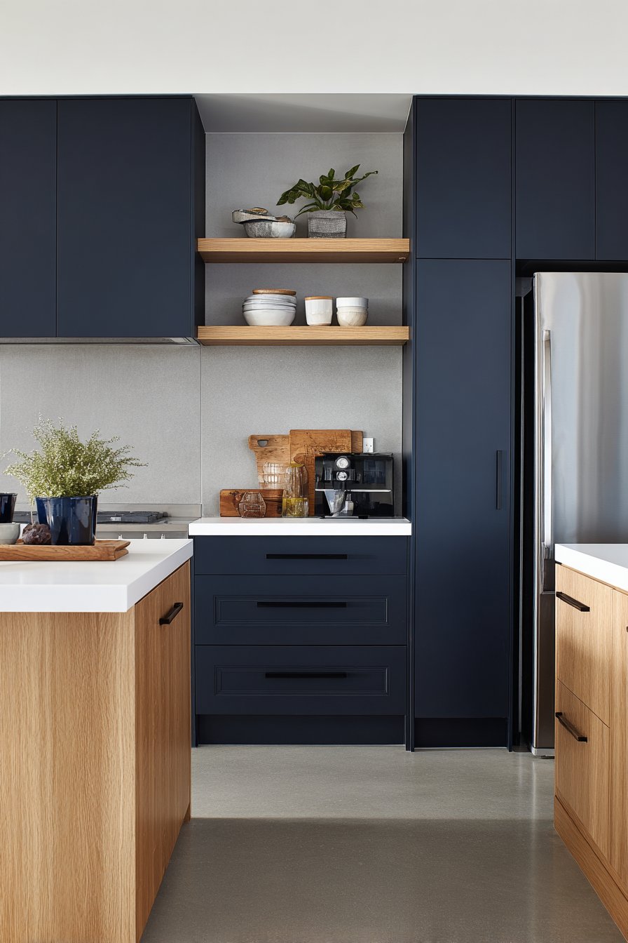 Scandinavian-Minimalist Serenity with Navy Blue Kitchen Cabinets