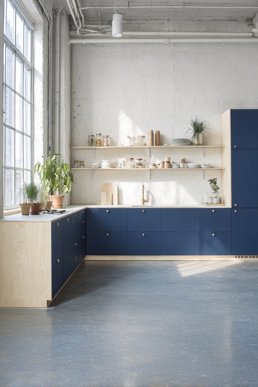 Scandinavian-Minimalist Serenity with Navy Blue Kitchen Cabinets