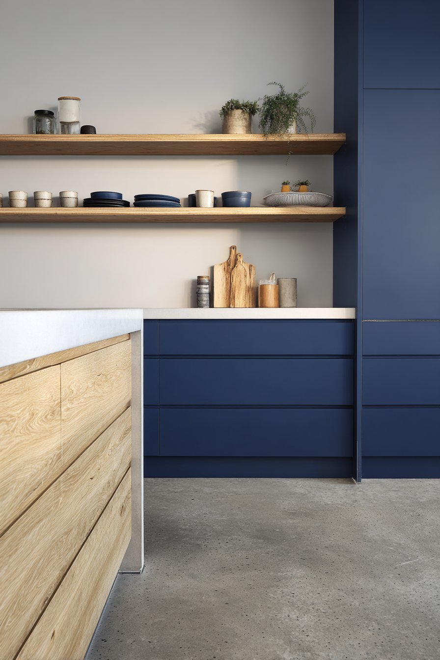 Scandinavian-Minimalist Serenity with Navy Blue Kitchen Cabinets
