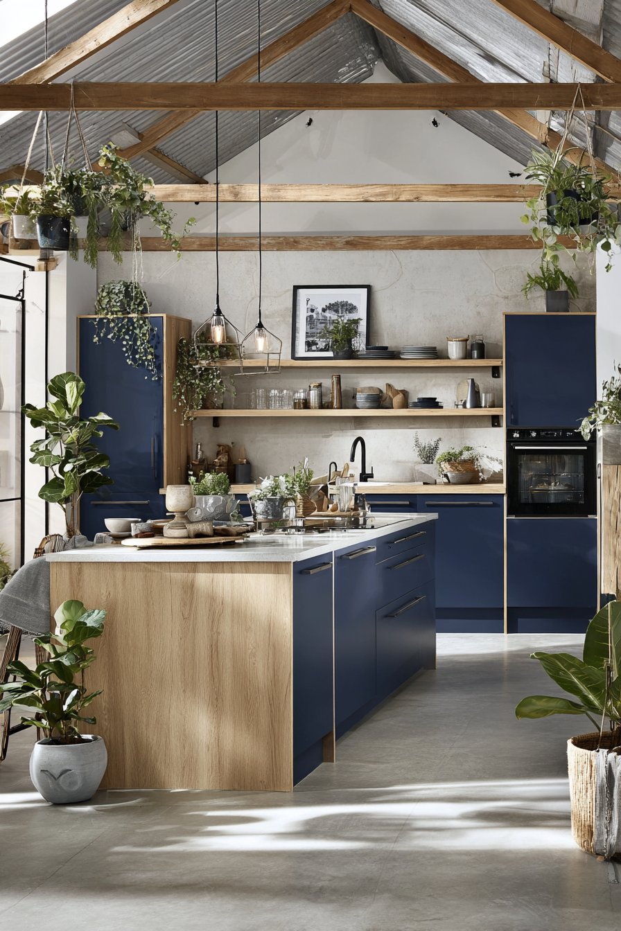 Scandinavian-Minimalist Serenity with Navy Blue Kitchen Cabinets