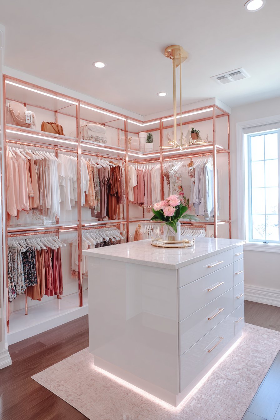 Walk-in Closet Organization with Rose Gold Luxury Details