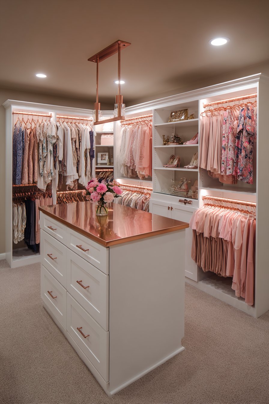 Walk-in Closet Organization with Rose Gold Luxury Details