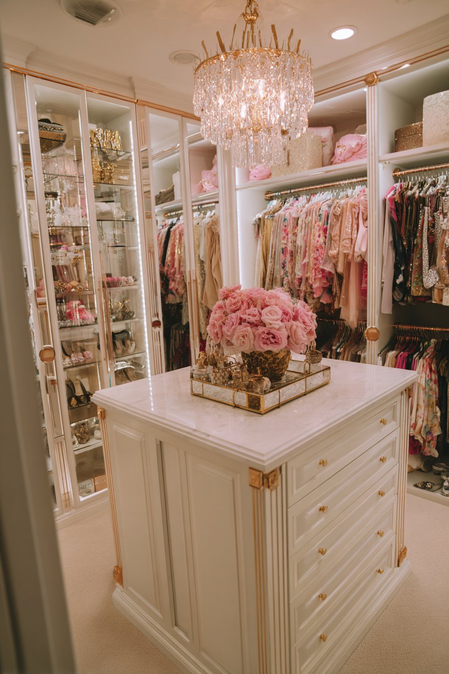 Walk-in Closet Organization with Rose Gold Luxury Details
