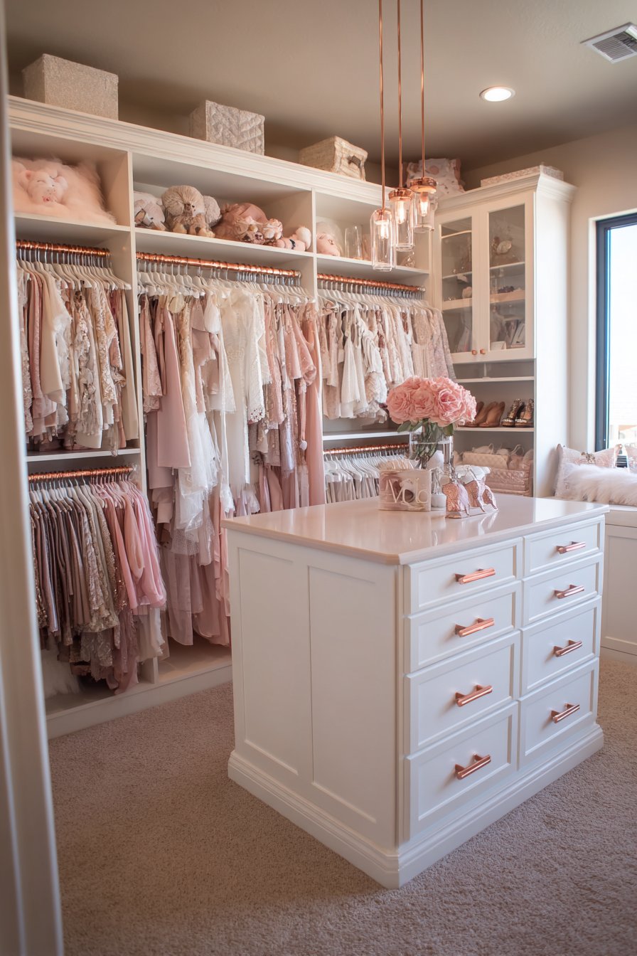 Walk-in Closet Organization with Rose Gold Luxury Details