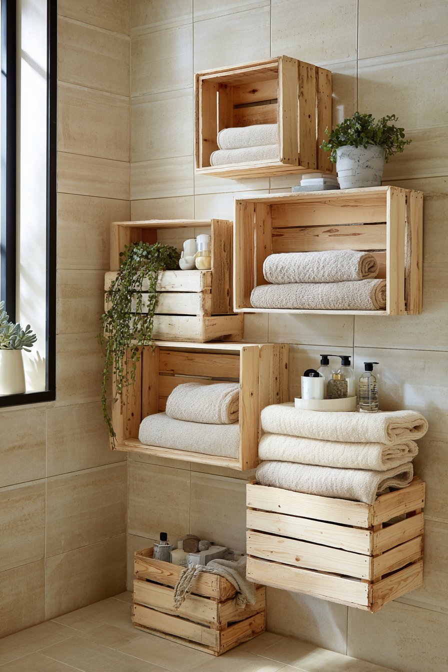 Rustic Wooden Crate Shelving for Farmhouse Charm