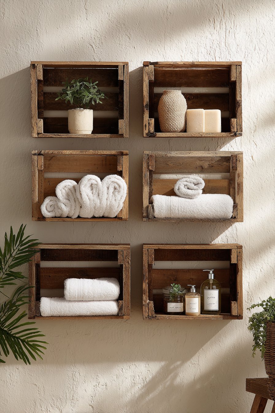 Rustic Wooden Crate Shelving for Farmhouse Charm