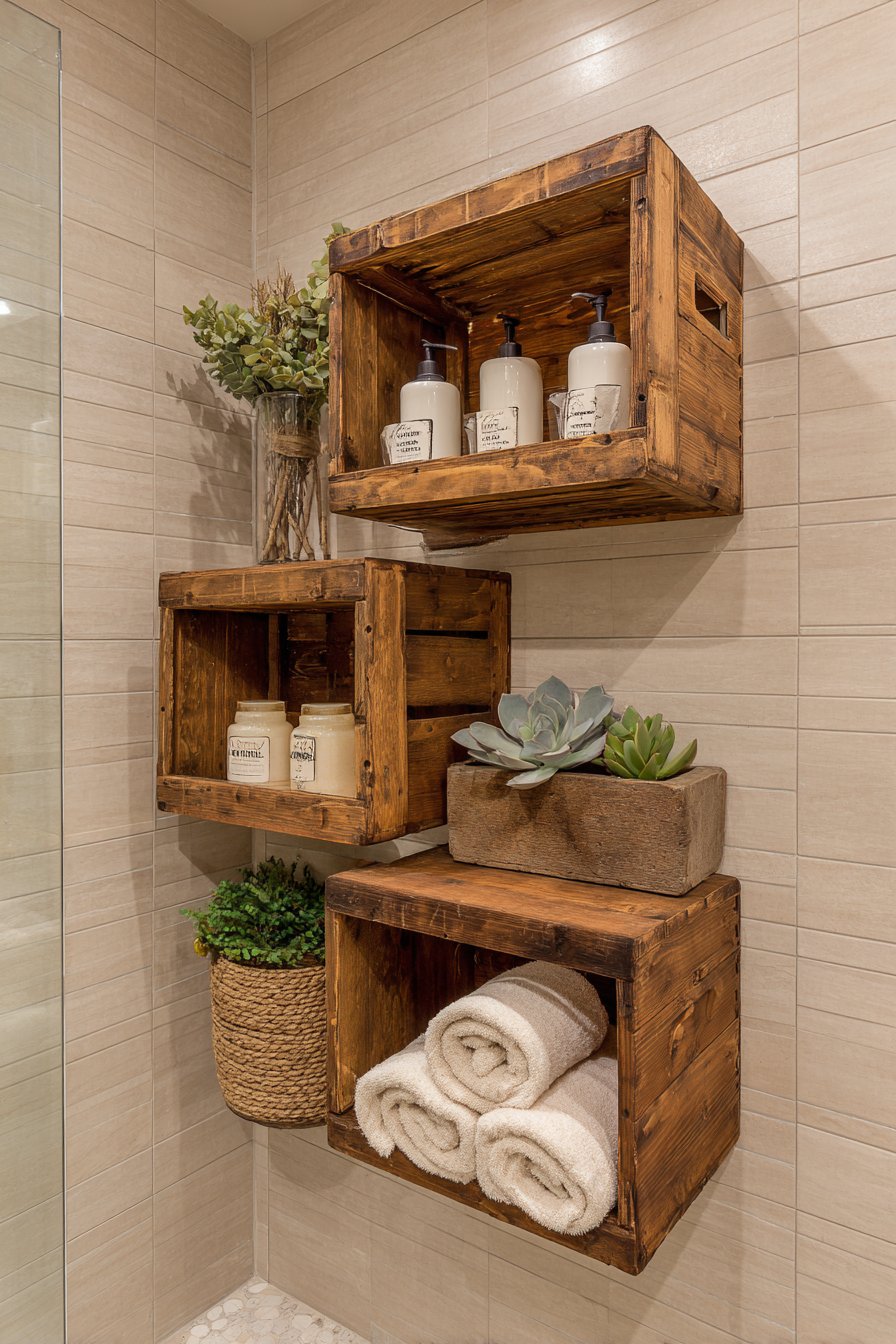 Rustic Wooden Crate Shelving for Farmhouse Charm