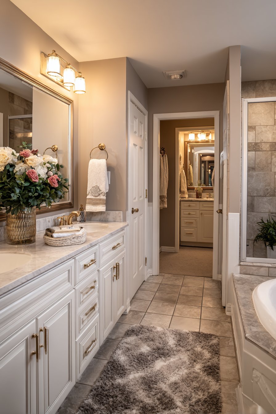 Complete Master Bathroom with Cohesive Warm Neutral Design