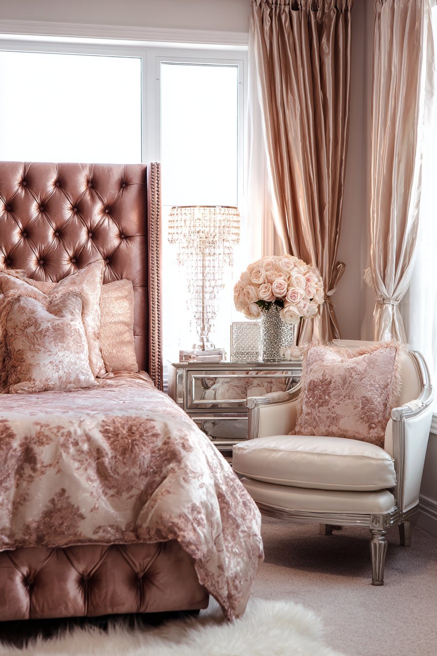 Master Bedroom Luxury with Deep Tufted Rose Gold Sophistication