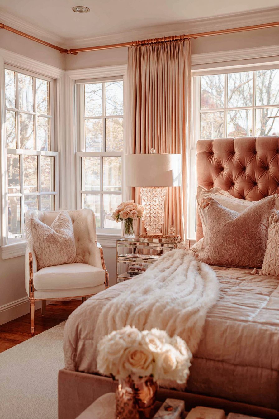 Master Bedroom Luxury with Deep Tufted Rose Gold Sophistication
