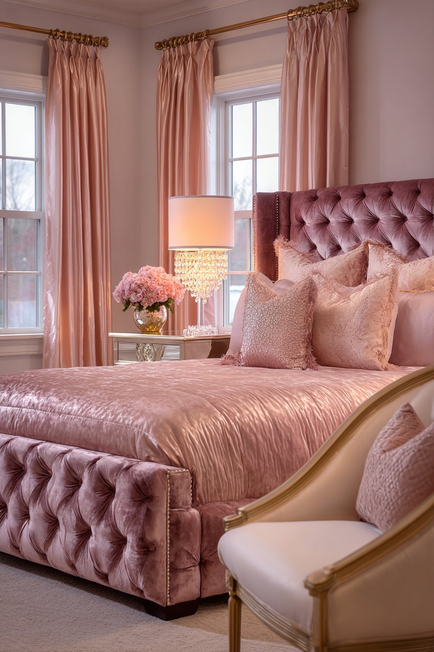 Master Bedroom Luxury with Deep Tufted Rose Gold Sophistication