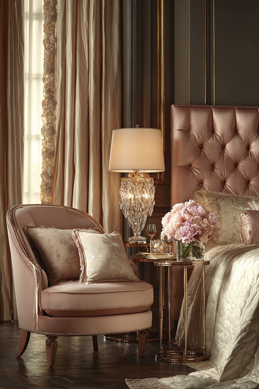 Master Bedroom Luxury with Deep Tufted Rose Gold Sophistication