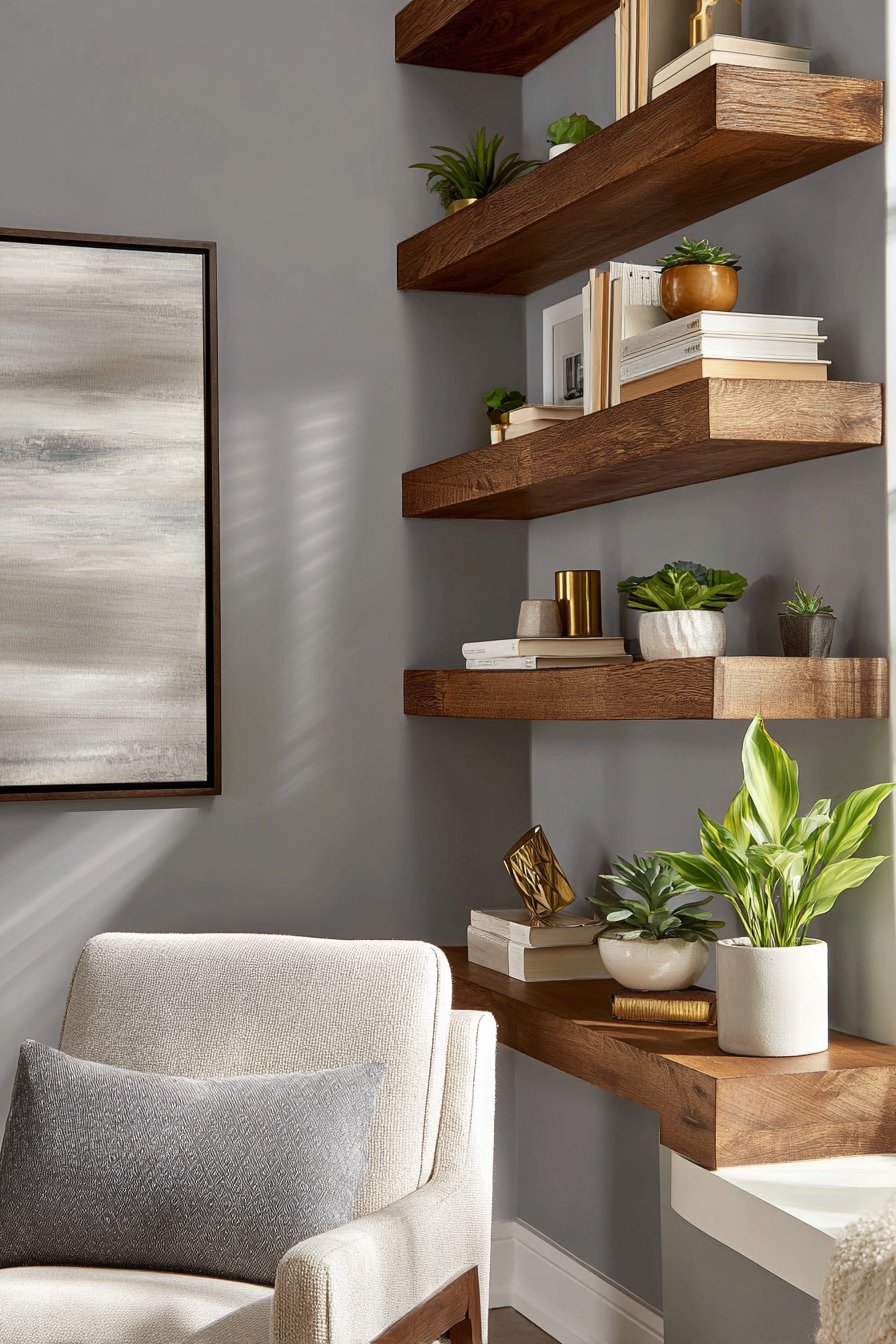 Modern Floating Oak Shelves with Asymmetric Arrangement