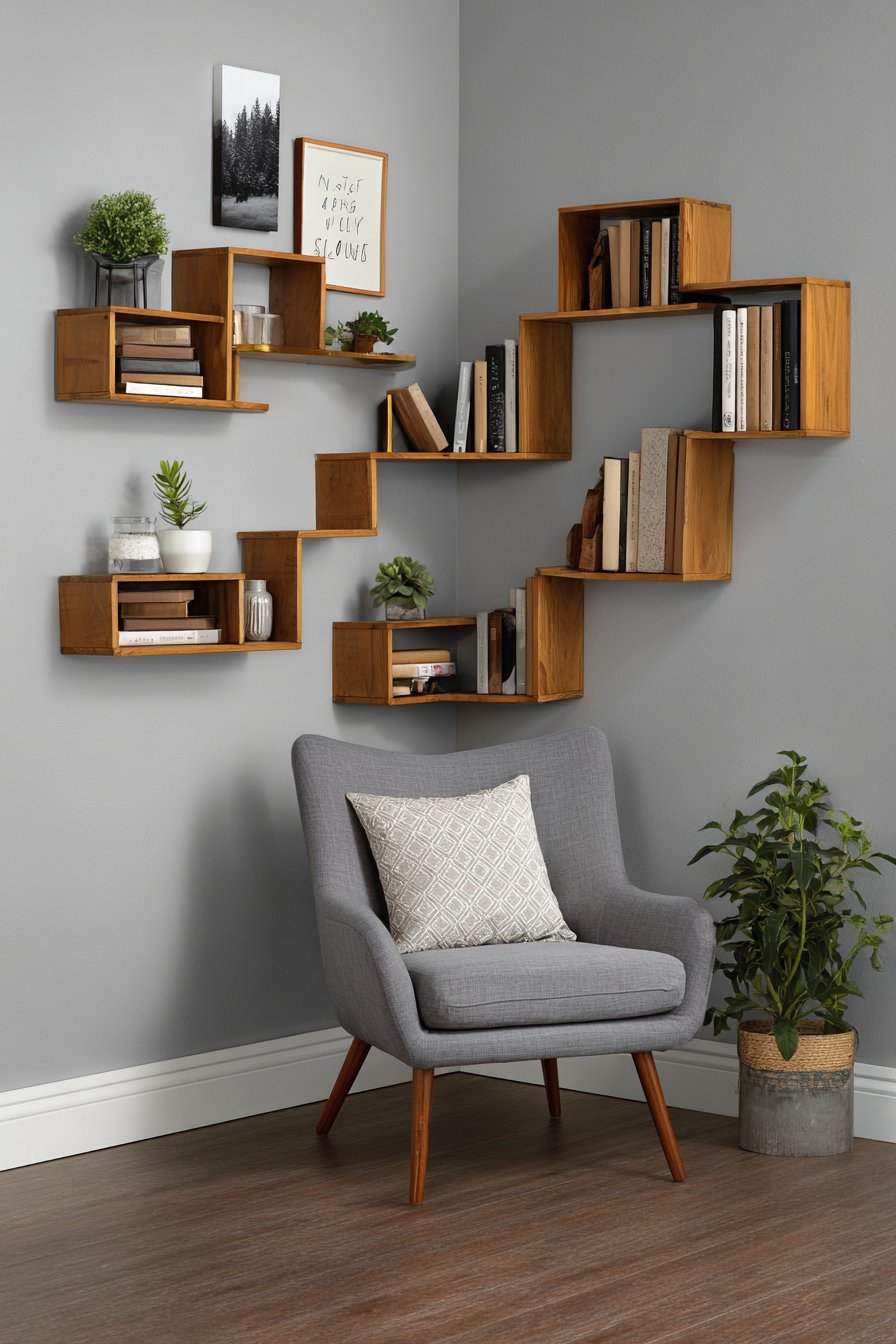 Modern Floating Oak Shelves with Asymmetric Arrangement