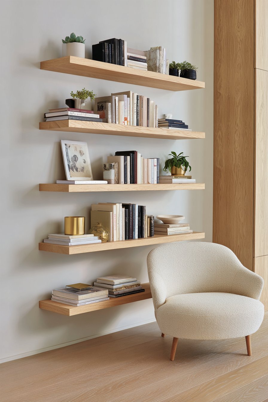 Modern Floating Oak Shelves with Asymmetric Arrangement