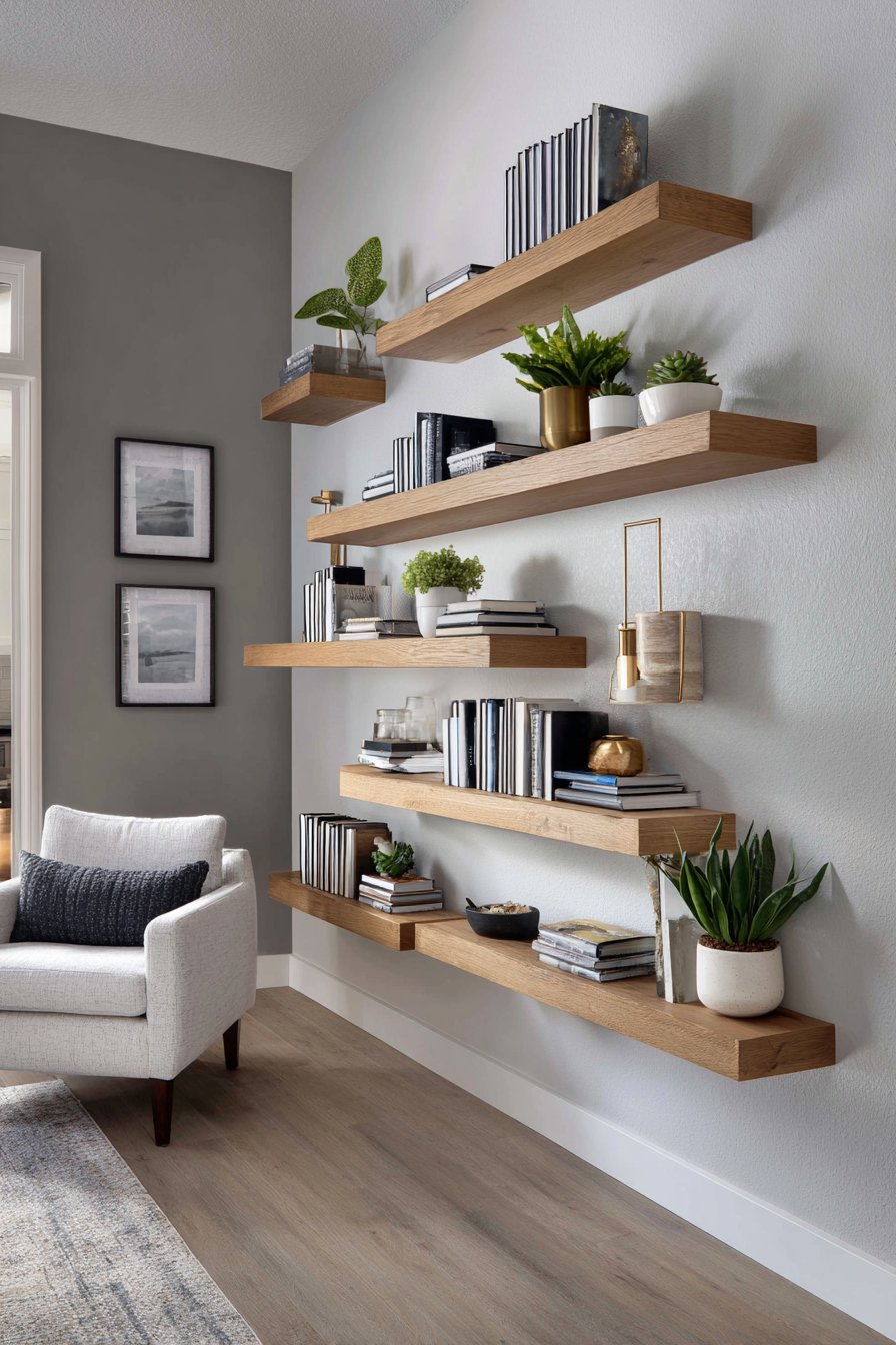 Modern Floating Oak Shelves with Asymmetric Arrangement
