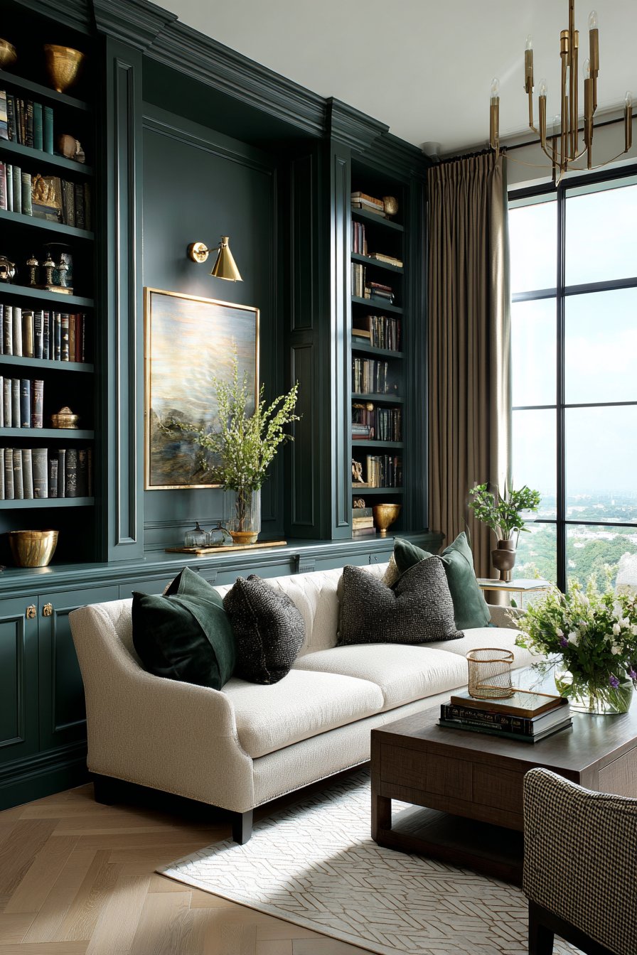 Emerald Library Wall with Integrated Storage Solutions