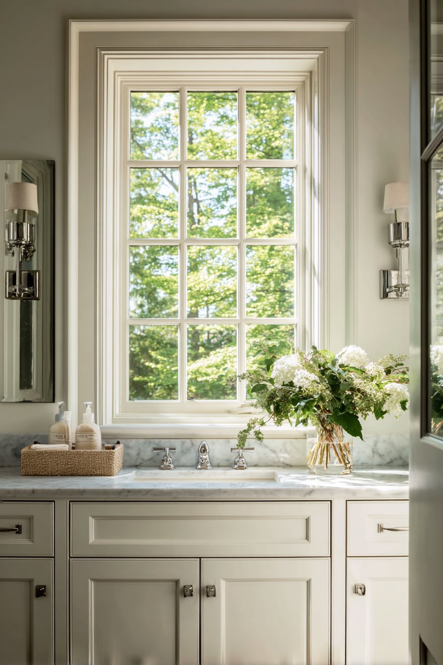 Cream Console Vanity with Dual Sinks