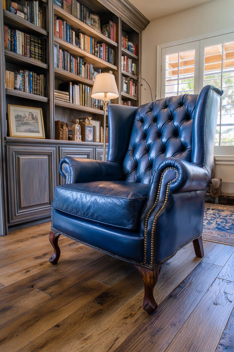 Navy Blue Leather Wingback Reading Chair