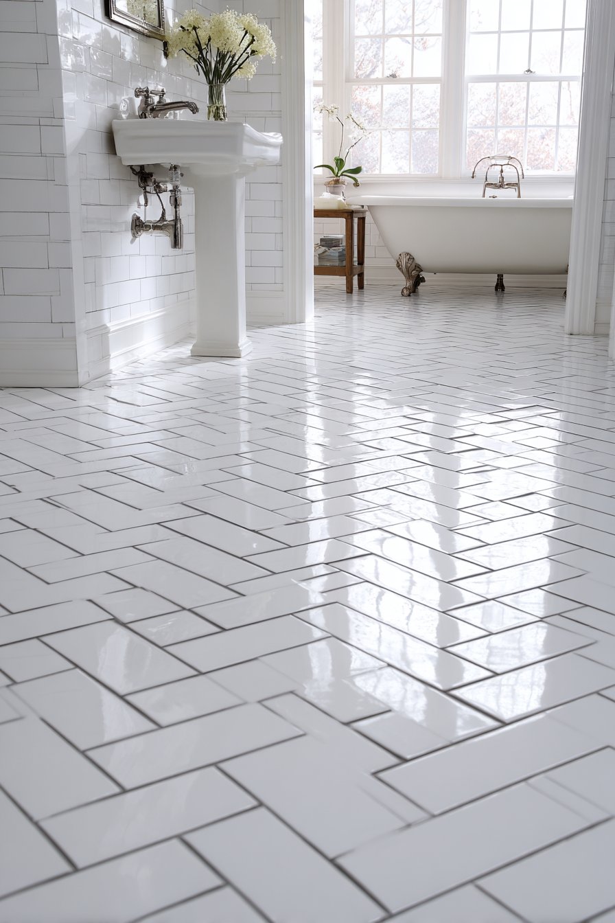 Classic White Subway Herringbone Elegance