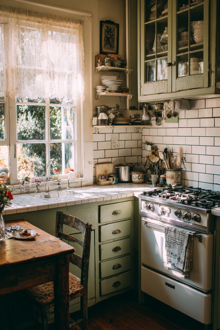 Vintage Gas Range Focal Point with Sage Green Cabinets