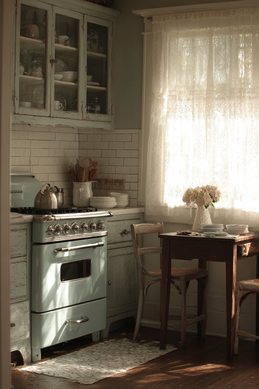 Vintage Gas Range Focal Point with Sage Green Cabinets