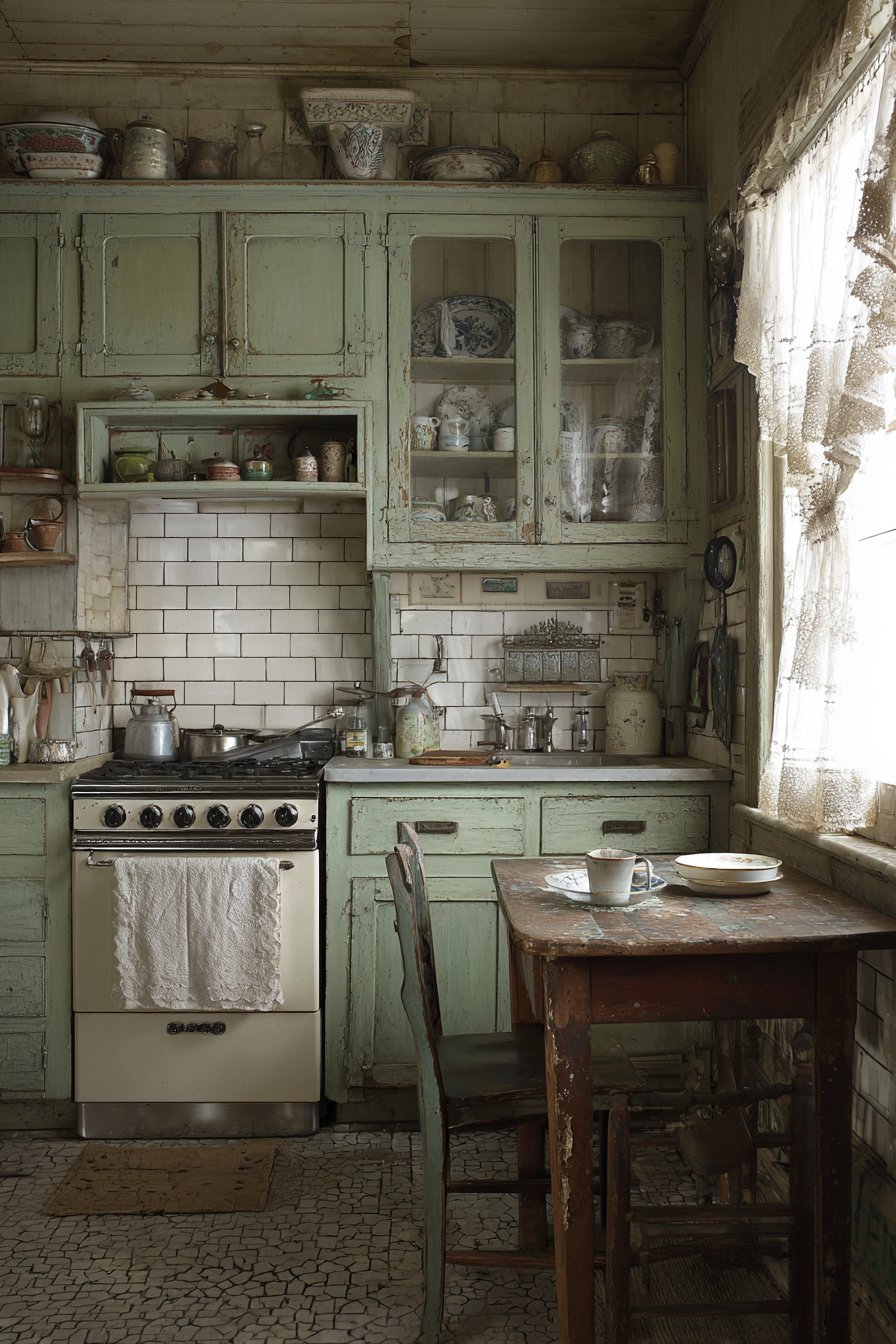 Vintage Gas Range Focal Point with Sage Green Cabinets