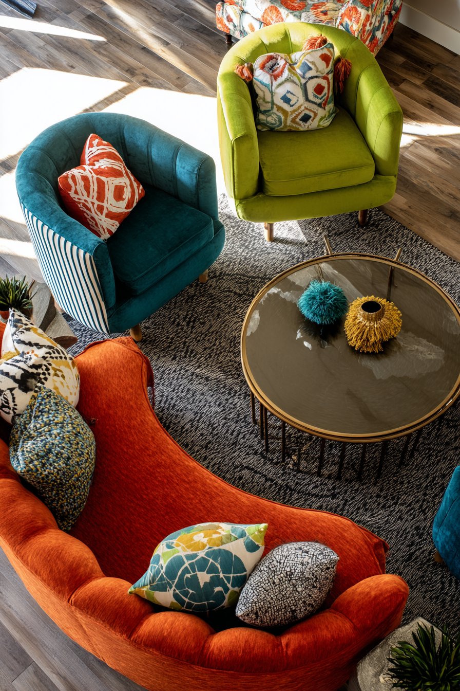Eclectic Seating Arrangement with Bold Color Blocking