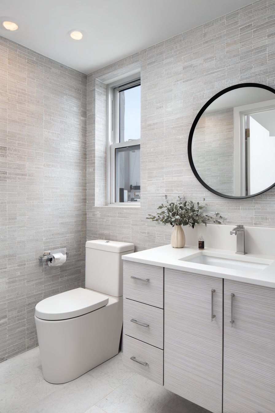 Smart Small-Space Gray Bathroom Solution