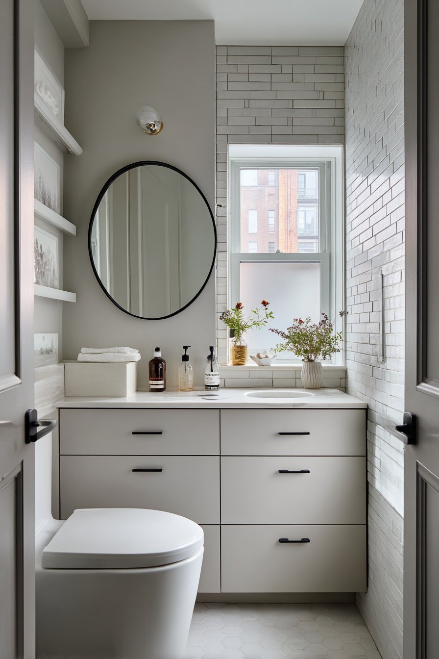 Smart Small-Space Gray Bathroom Solution